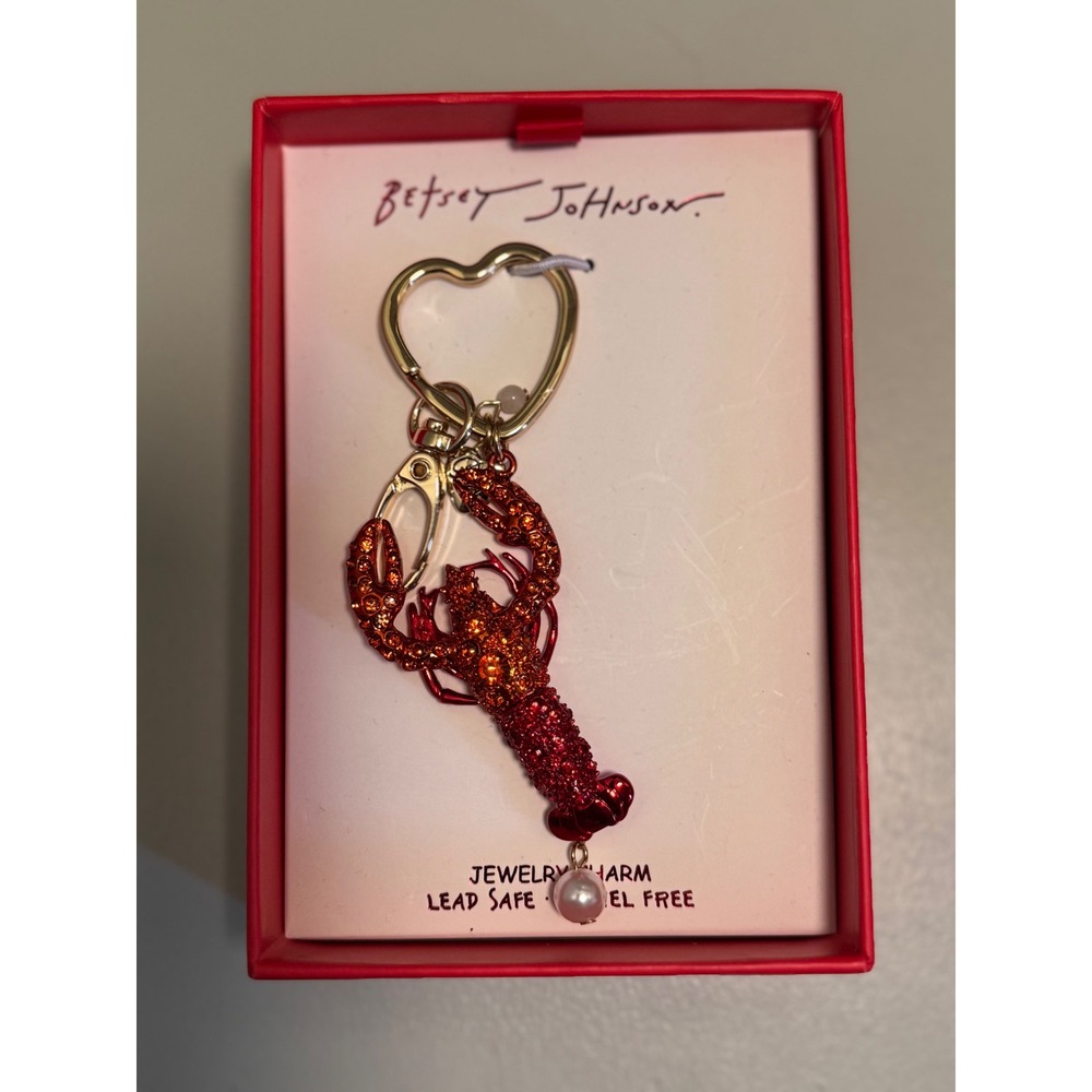 Betsey Johnson Red Crystal Lobster Keychain Bag Charm Heart Ring Gold Tone NIB